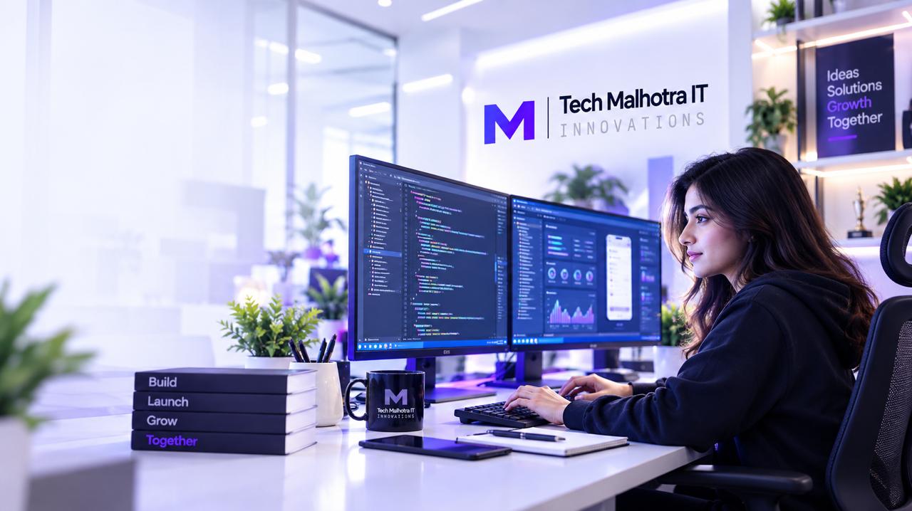 Modern software development workspace with AI dashboards and code